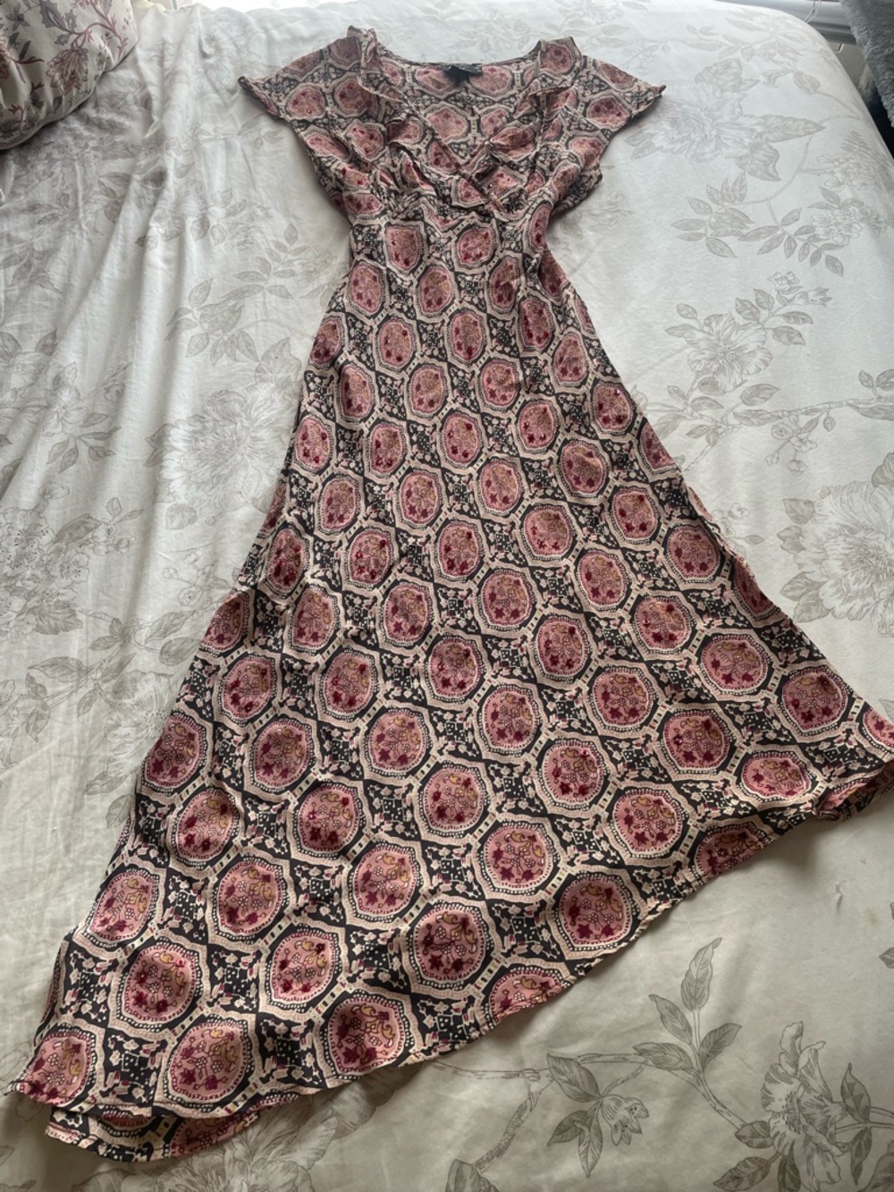 Vintage Pink Paisley Sequined Asymmetric Slip Dress 6 Fairy Grunge Whimsical 90s